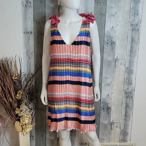 Foxiedox Stripe Pleated Shift Dress In Pink/coral/navy - Picture 3 of 11